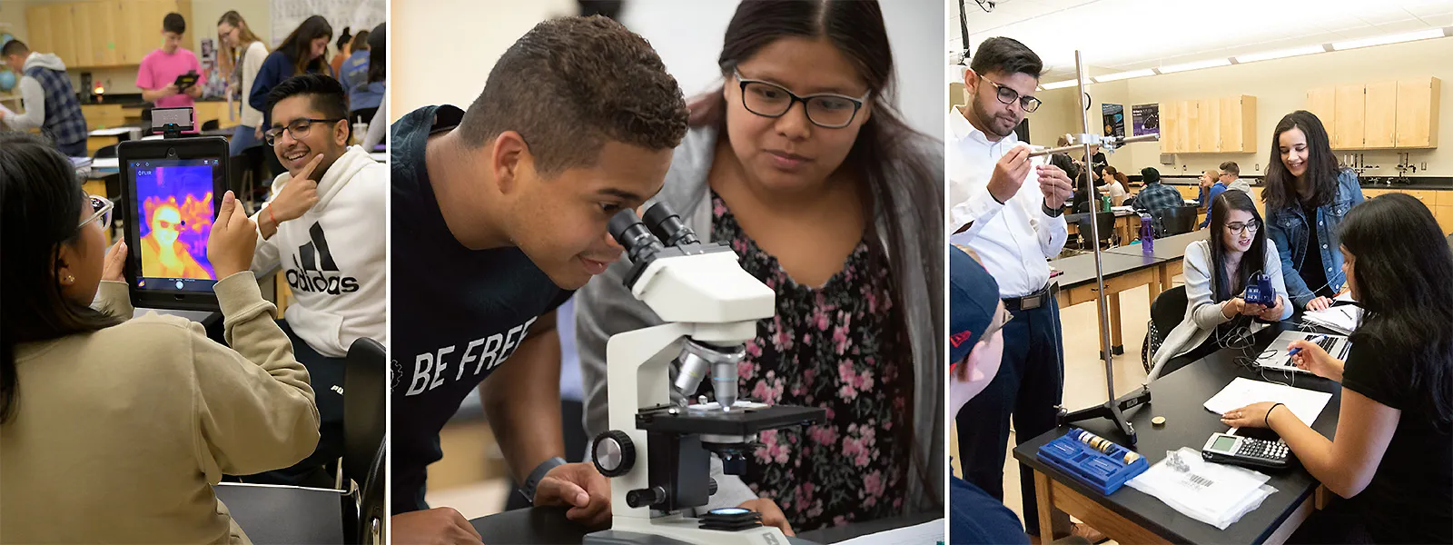 Imágenes de estudiantes interactuando en las aulas del Elgin Community College.