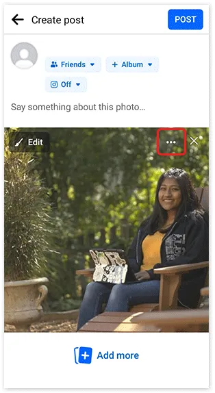 Mobile Facebook post creator with an uploaded image. The image's 3-dot menu button is highlighted.
