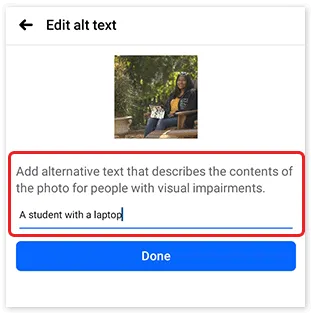 Alt text editing screen on Facebook app. “A student with a laptop” is written in the text box.