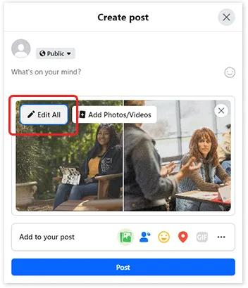 Facebook post creator with two uploaded images. The “Edit All” button is highlighted.