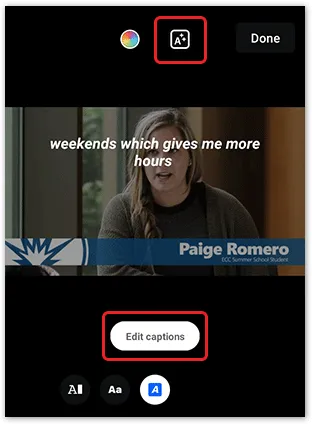 Caption options screen on the Facebook app's video editor. The 