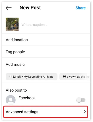Mobile view of the caption page for an Instagram post. The “Advanced settings” option is highlighted.