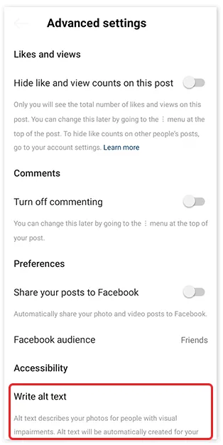 Advanced settings options in the Instagram mobile app. The “Write alt text” option is highlighted.