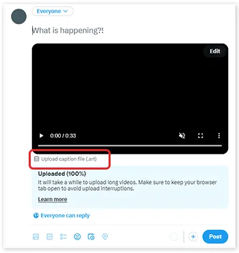 X post creator with an uploaded video. The “Upload caption file (.srt)” link is highlighted.