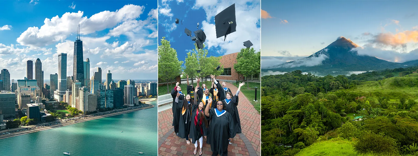photo of chicago with graduates and photo of mountain