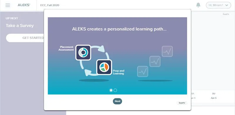 Screen grab showing the ALEKS pop up tutorial screen