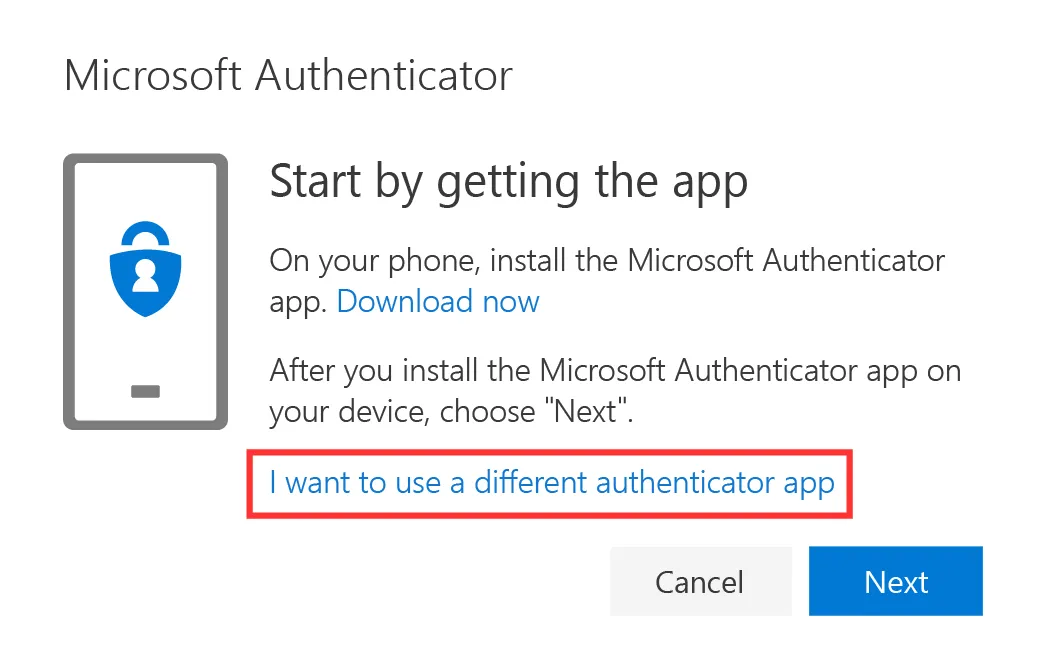 Get Authenticator App page on Microsoft 365. Link for 