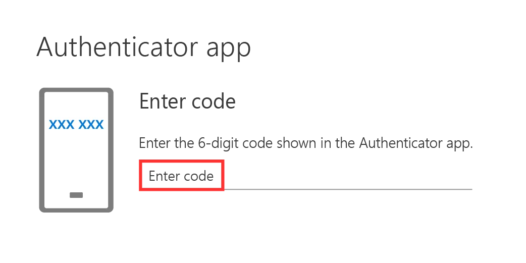 Enter Code page of the authenticator app setup in Microsoft 365. 