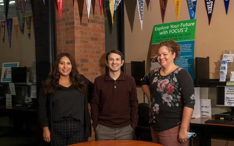 ECC Student Success Coaches Bianca Diaz, Ben Scherr, and Ashely Letteney