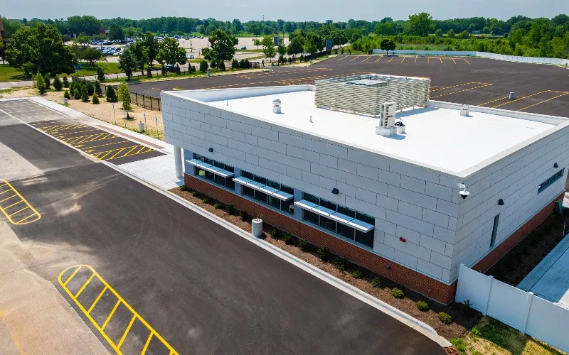 A drone photo of the new truck driving program facility, also known as Building T.