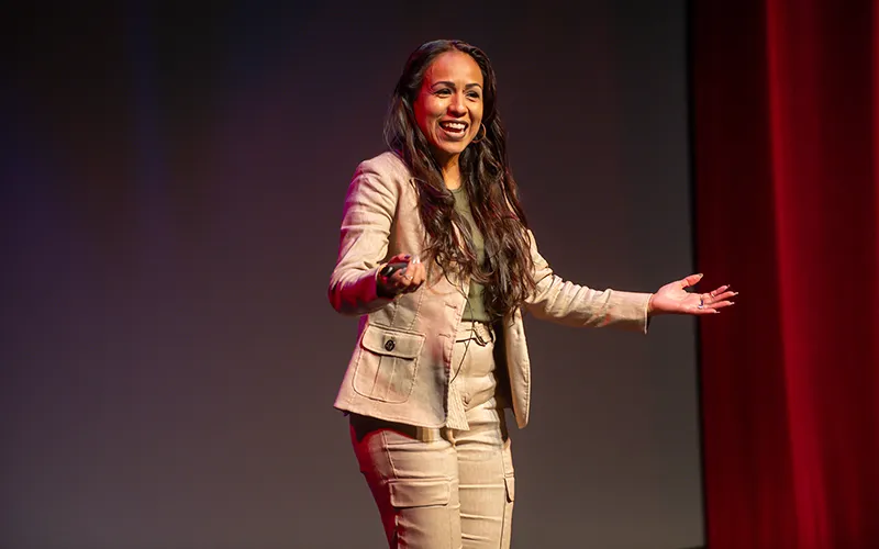 Dr. Gina Ann Garcia speaks at Elgin Community College's Fall 2024 Employee Convocation