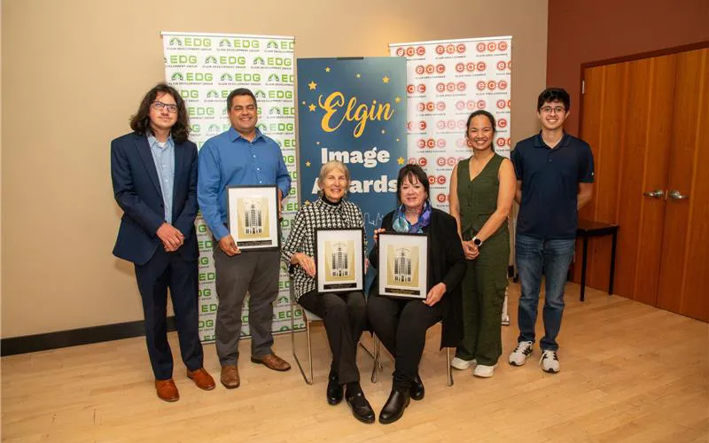 From left to right: ECC student and CCE leader Brandon Kelly; Antonio Ramirez, PhD, associate professor of history and political science; Clare Ollayos, DC, ECC Board of Trustees member; Jeanette Mihalec, former ECC Board of Trustees member; ECC students and CCE leaders Brenda Eliza Royer and Esteban Gonzalez.