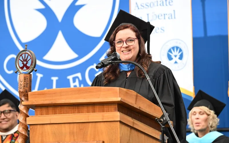 English professor and faculty speaker Jeannie Anderson speaks at the commencement ceremony on May 16, 2026.