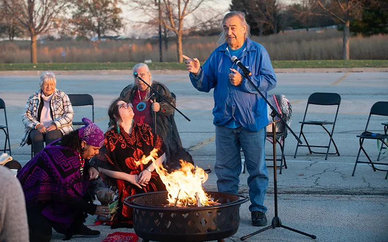 Joseph Standing Bear Schranz speaks during the Fireside Wisdom event at Elgin Community College in honor of Native American Heritage Month