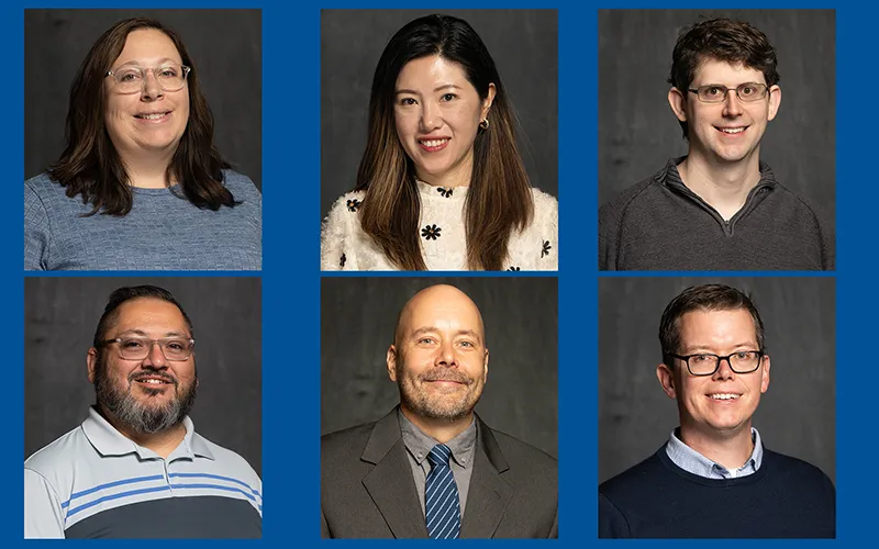 Top row from left to right: Sarah Buzzelli, academic advisor; Wendy Chen, grant manager for the recovery support specialist program; Chris Cunningham, instructor of mathematics. Bottom row from left to right: Juan Fernandez, director of art and design; Sean Jensen, assistant dean of college in high school programs; and Joshua Thusat, associate professor of English.