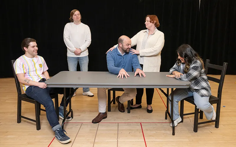 The cast of Next to Normal from left to right: Nathan Turner, Austin Krause, Joseph Sebastian Fabal, Christine Pfenniger, and Lorena Miranda