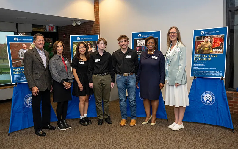 From left to right: Mark Seigle; Robin Seigle, former ECC foundation board member and secretary; ECC students Maria Salgado, Demettri Rohn, and Jonathan “Jonny” Buckheister; Susan Taylor-Demming, executive director of institutional advancement and the ECC Foundation; and ECC Interim President Peggy Heinrich, EdD.