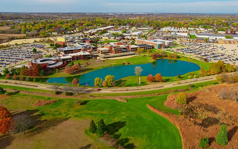 A wide drone shot of ECC's campus in fall 2025.
