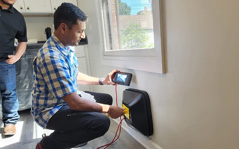 Brian Rathod realiza pruebas de separación de aire en una casa durante una clase como parte del programa de capacitación para nuevos residentes en eficiencia energética de ECC/ComEd.