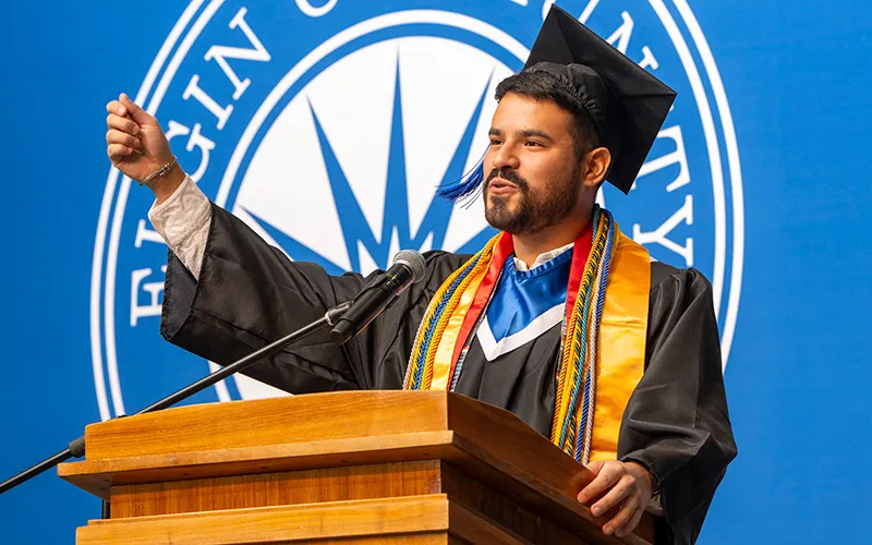 Marco Adrianzen Ruiz, student speaker for the Fall 2024 University Transfer Commencement Ceremony