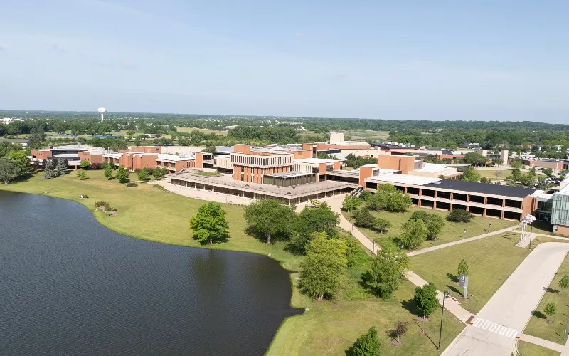 Elgin Community College's campus captured via drone shot in summer 2026.
