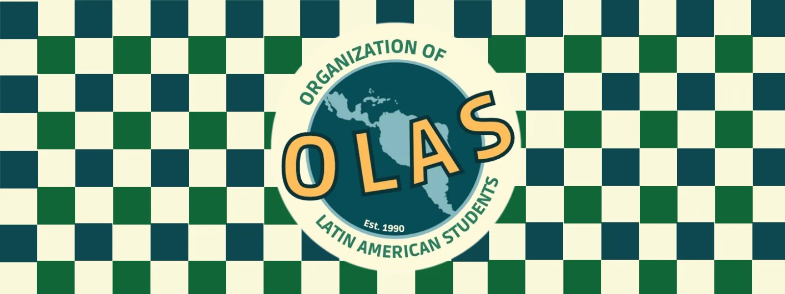 Green checkered background with OLAS text in front of an earth image