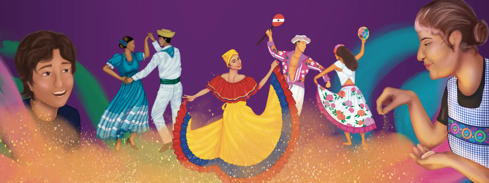 Latinx cultural dancers with abuelita and kid