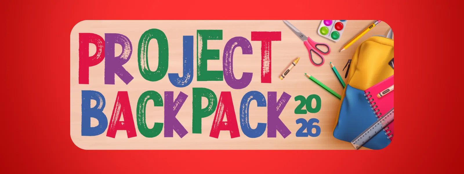 Red background with image on top of school supplies and the words 
