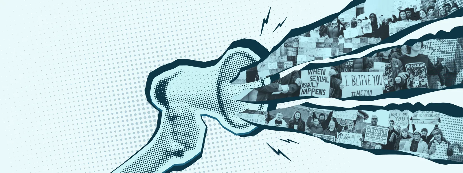 Un megáfono de color verde azulado del que salen imágenes de multitudes en manifestaciones contra las agresiones sexuales.