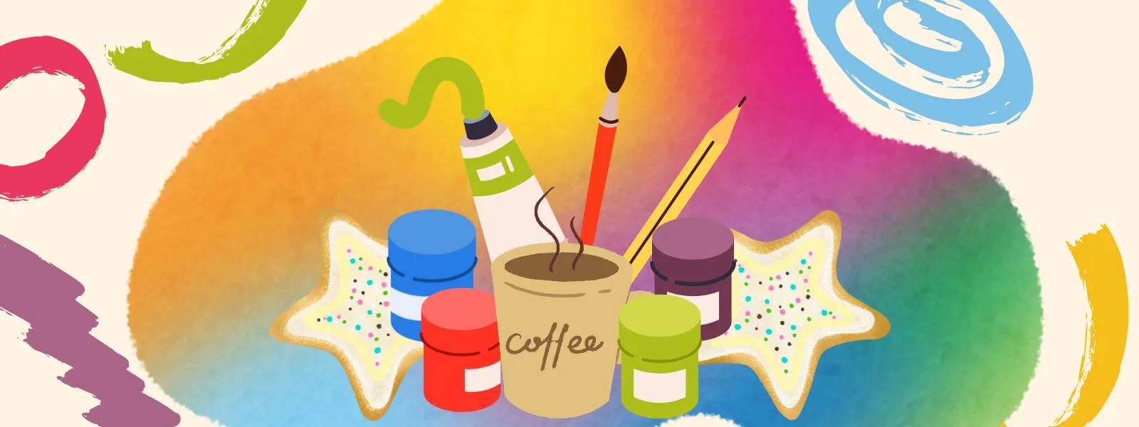 Zona libre de estrés. Materiales de arte, café y galletas sobre un fondo colorido.