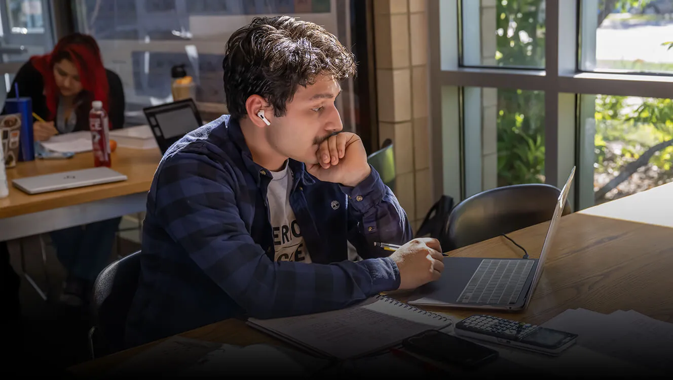 A Student sitting in the library working on a laptop
