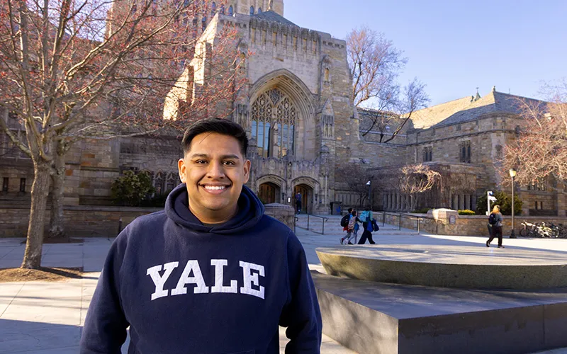 ECC alum Gabriel Cabrera Ruiz, '21, stands on Yale University campus