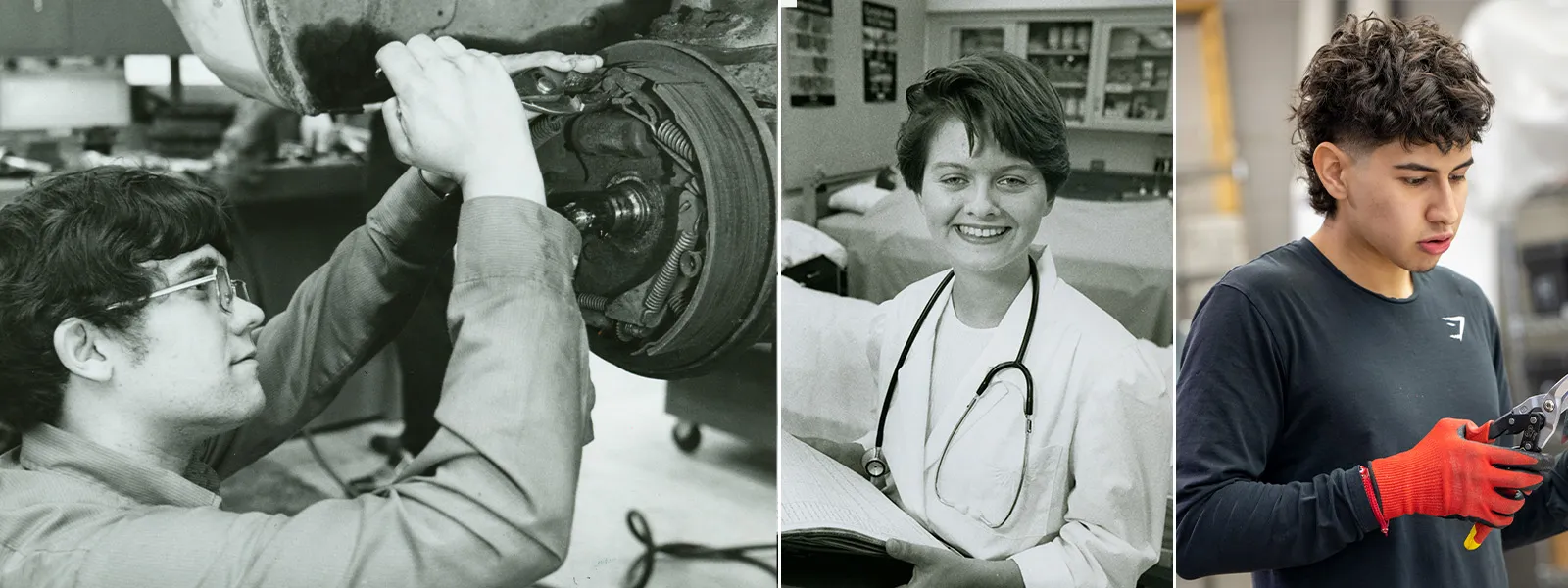 Collage of man working on brakes, a nurse and a sheet metal student.