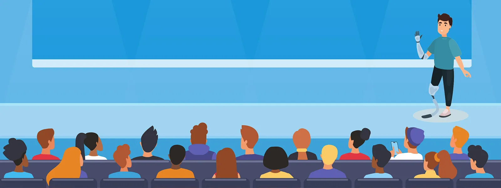 Graphic of a person with disabilities presenting to a crowd