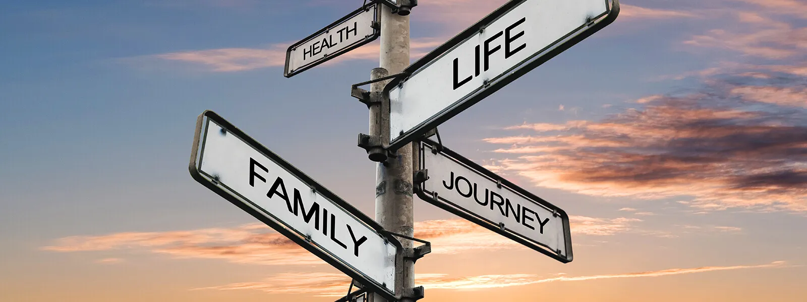 Street sign with the words Family, Journey, Life, and Health