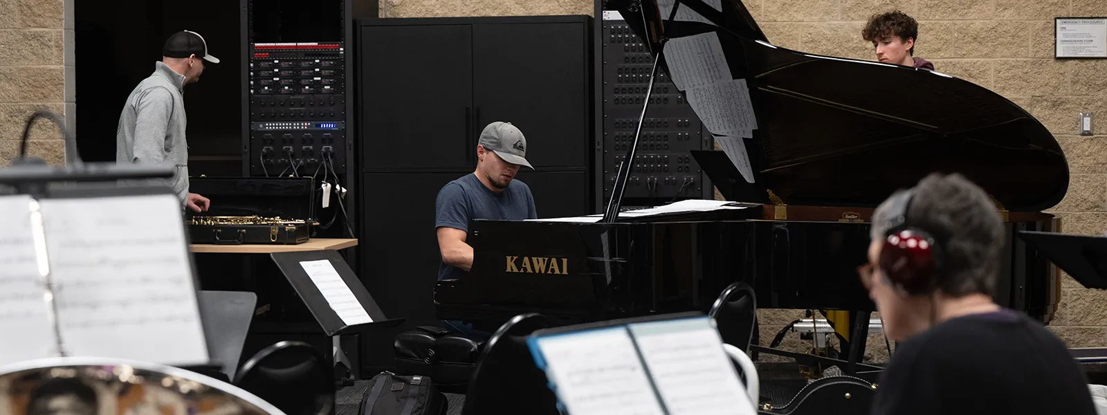 Students playing instruments for music class