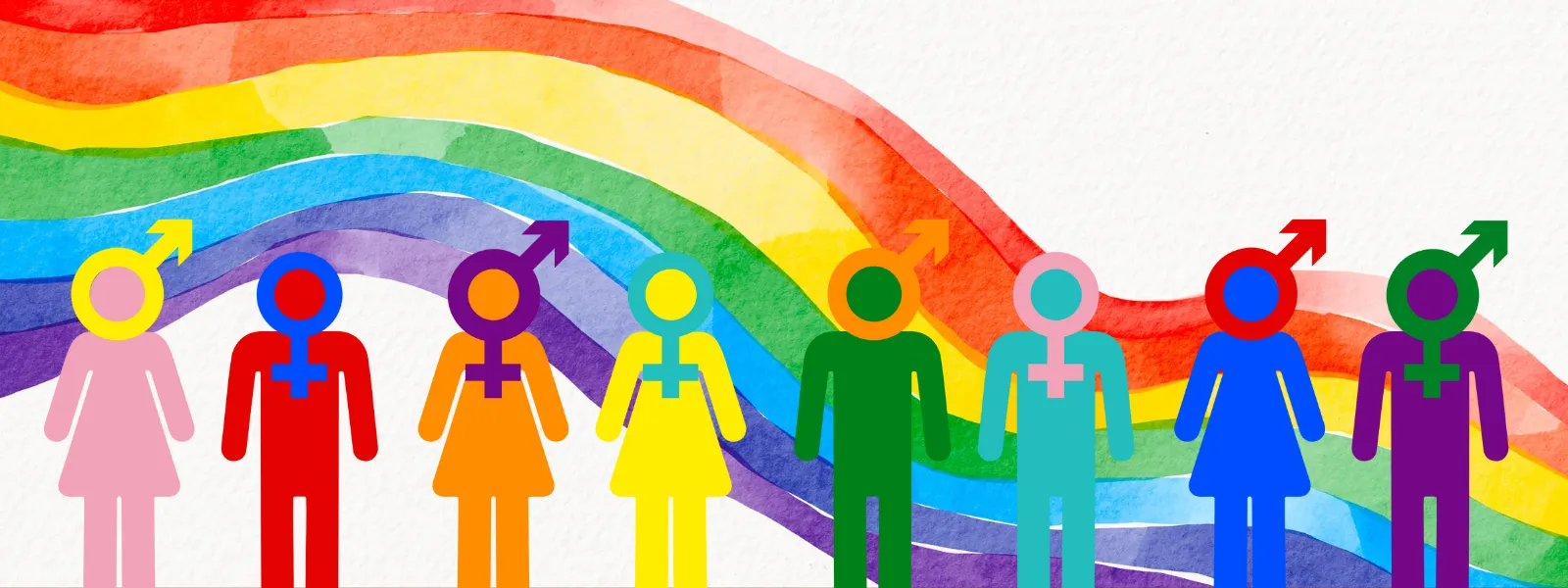Image of human icons and a rainbow background