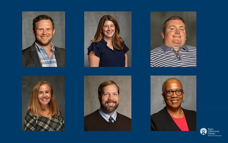 Top row from left to right: Brian Bohr, Instructor of Communication Studies; Kathleen DeMars, Assistant Professor I of Adult Basic Education; John Mravik, Professor I of English. Bottom row from left to right: Brittany Mylott, Academic Advisor; Justin Robertson, Dean of Communications & Behavioral Sciences; Cathy Taylor, Dean of Sustainability, Business, and Career Technologies