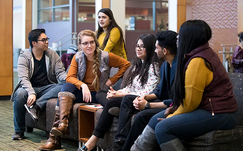 Students sitting together in lounge area.