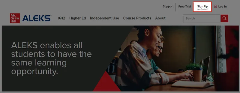 Screen grab showing the sign-up link on aleks dot com
