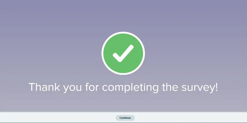 Screen grab showing the Thank you for completing the survey! message on aleks dot com