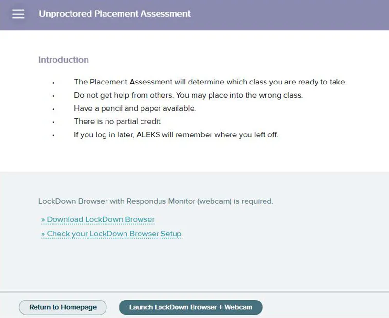 Screen grab showing the Launch LockDown Browser and Webcam message