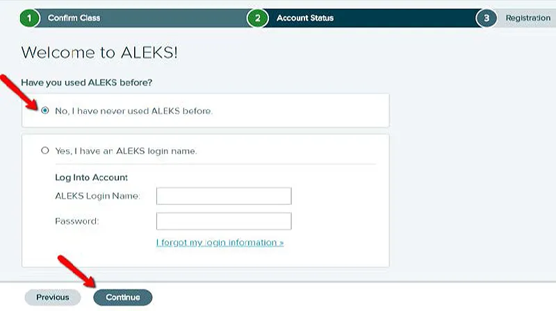 Screen grab of the Welcome to ALEKS screen