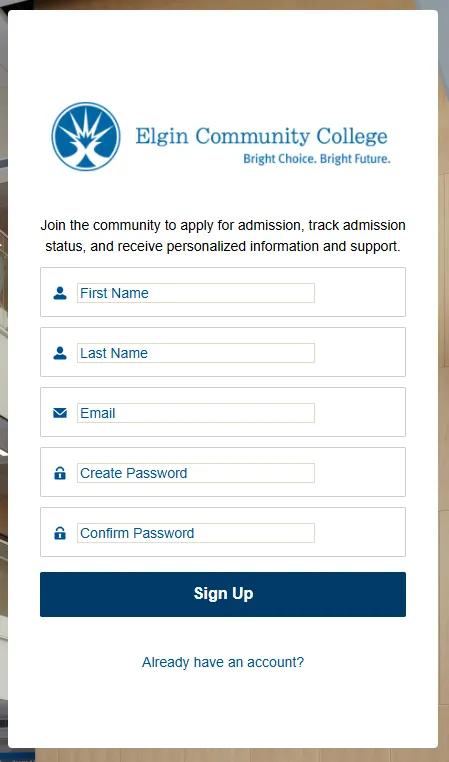Create account screen for new users