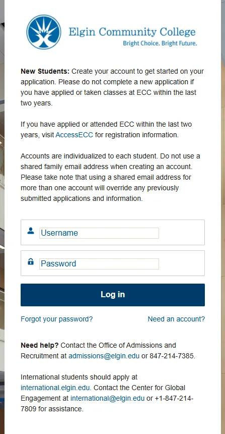 Login screen for new users