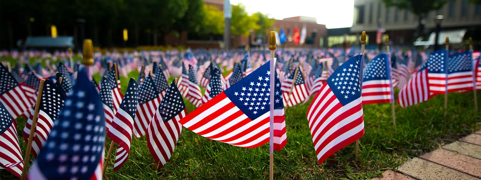 Dozens of American flags move with the wind in the ECC courtyard.