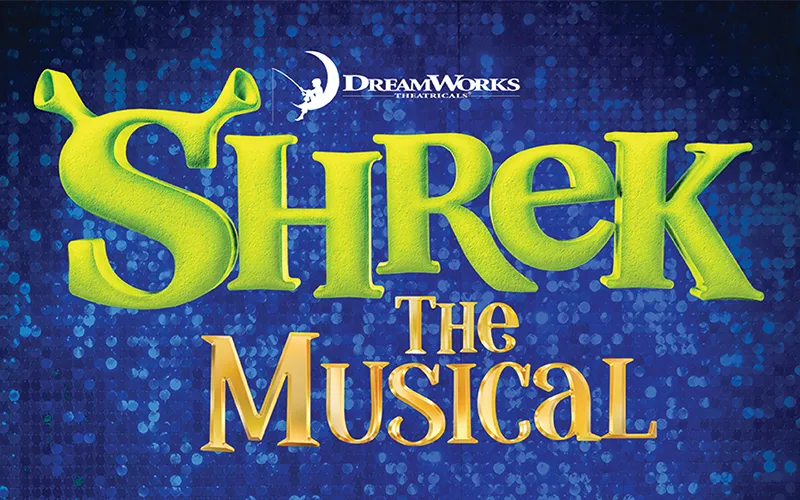 graphic image for shrek the musical featuring bold, whimsical text with green ogre ears sprouting from the letter s