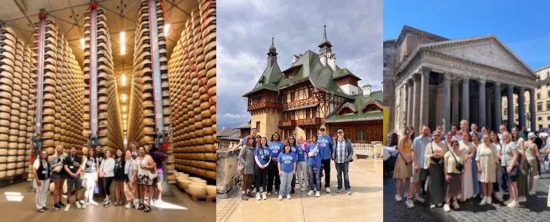 Students standing in front of various global culinary locales