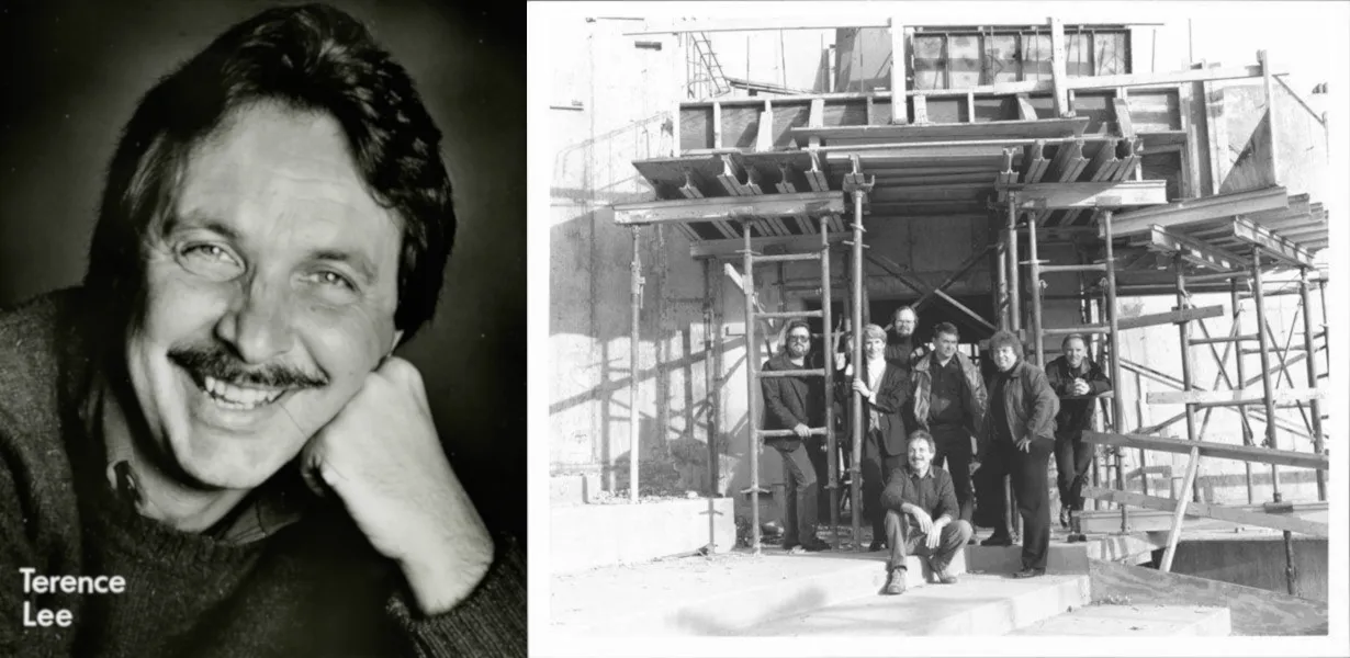 Two black and white pictures, on the left a headshot of a man smiling at the camera, on the right a group of staff in front of a stage set under construction